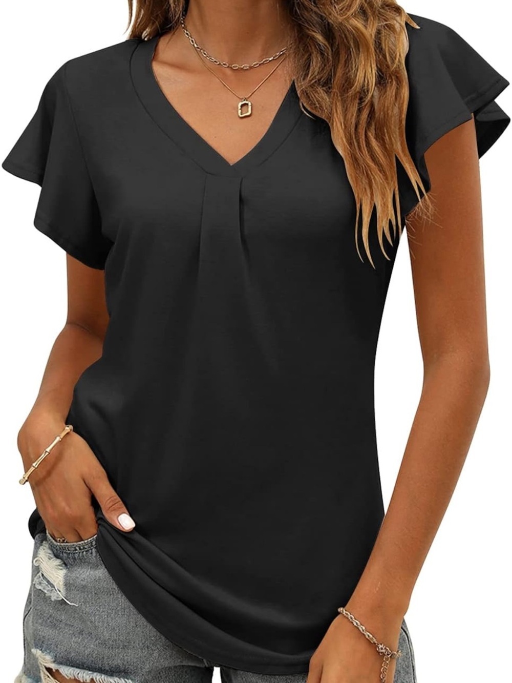 Milanpavilion - Women's Ruffle Sleeve V Neck shirt, Blouse, top. XXL. Black